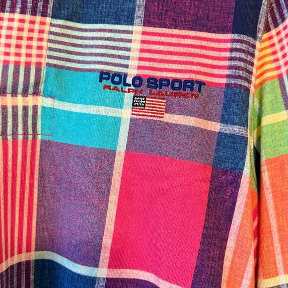 Polo Sport Ralph Lauren Mens Pink Madras Long Sleeve Rugby Shirt Size Medium - Picture 4 of 7
